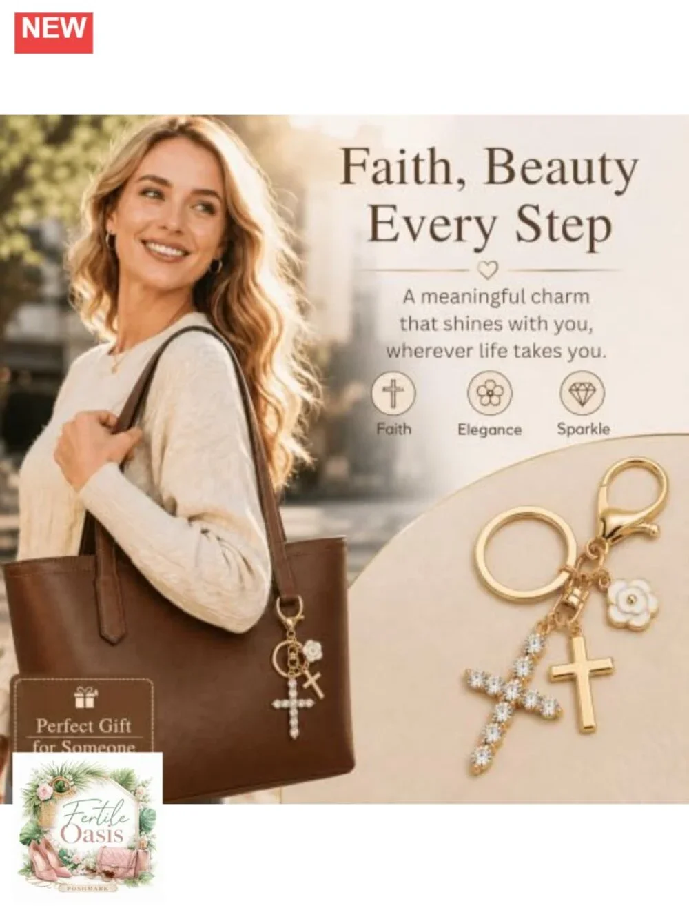 Double Cross Rhinestone Keychain Bag Charm Women Christian Purse Charm
